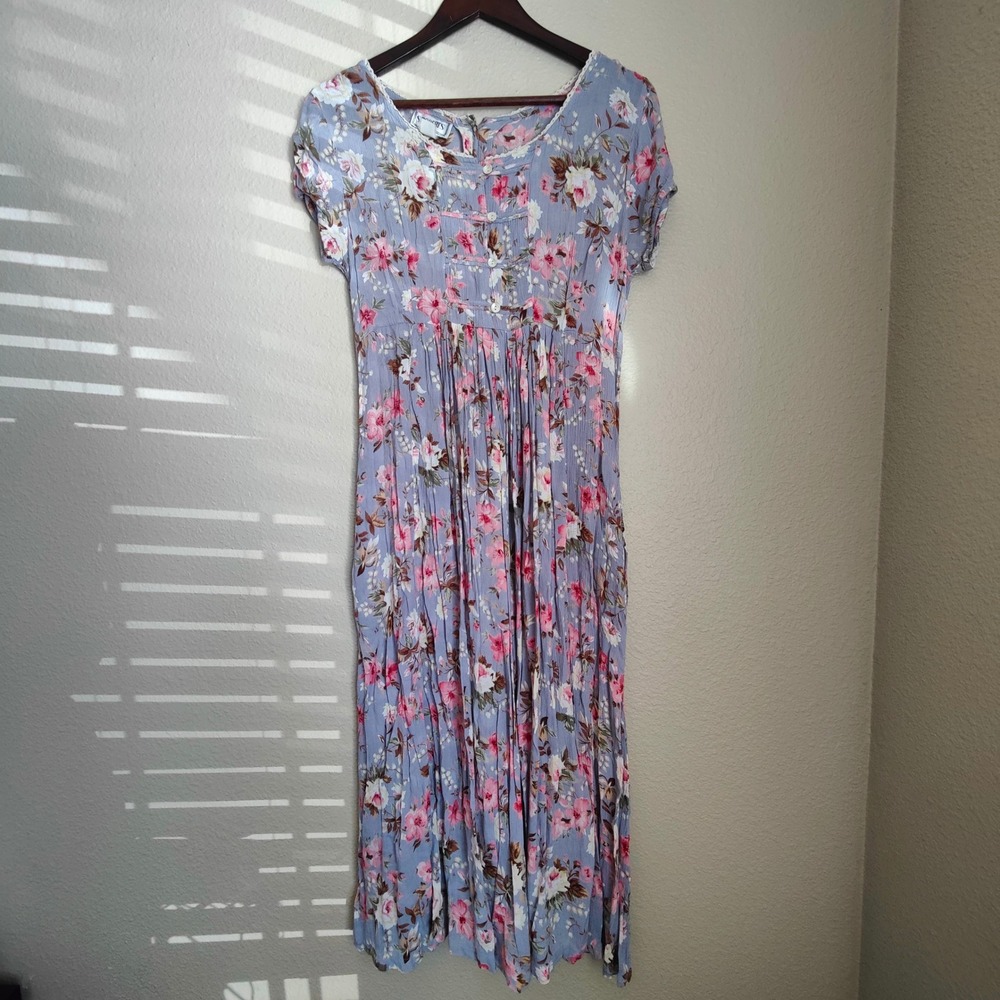 Vintage 90s Floral Maxi Dress Rayon Pastel Blue Pink Cottagecore Boho Coquette 8
